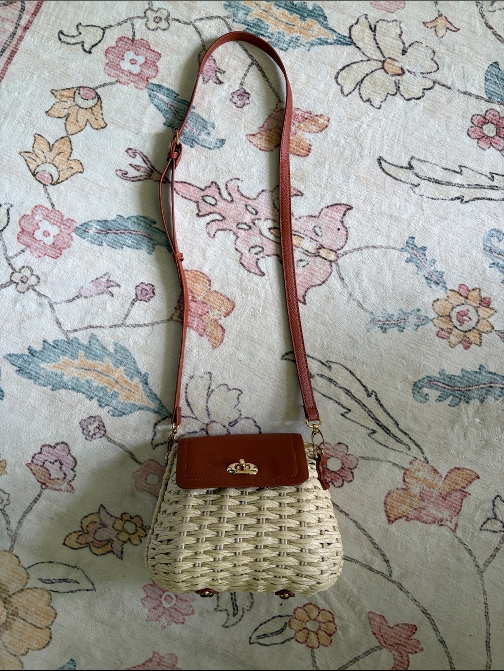 Woven Straw Crossbody Bag with Brown Leather Trim